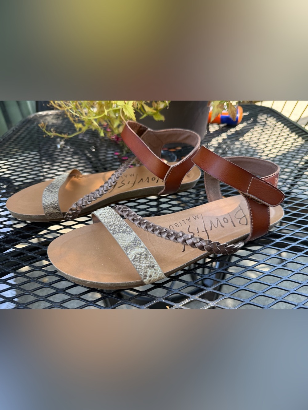 Brown Leather Ankle-Strap Sandals with Taupe Braided Detail - Women's